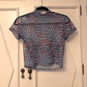 Blue and Red leopard print mesh mock neck top